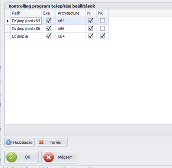 A "Telepítés beállításai" gomb által adott felületen egyszerre több elérési utat is megadhatunk CPU architektúrával, ini fájl frissítési igénnyel (ini), parancsikon frissítési igénnyel (lnk)
