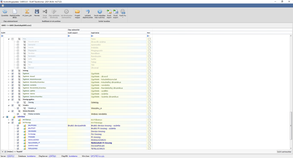A trafó betöltéskor a verziónak és az adatbázis beállításokanek megfelelő OLAP adatszerkezetet tölti be egy fa-struktúrában.