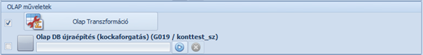 Az "OLAP műveletek" panelen az OLAP adatbázis adatfrissítése indítható el, valamint az "Olap Transzformáció" gombbal elérhető a teljes OLAP adatbázis újragenerálása is.