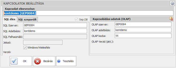 Kapcsolat megadásánának felületén alapvető SQL és OLAP kapcsolati adatokat lehet megadni, valamint ezekhez egy tetszőleges, közös elnevezést.