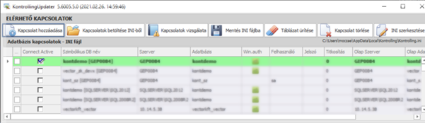 A kapcsolati rekordok táblázata színnel jelzi a kapcsolat érvényességét: zöld, ha érvényes a kapcsolat, piros, ha nem. Ha még nincs kiértékelve, akkor színezve sincs.