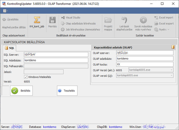 Az OLAP Transzformátor felületén először kapcsolódási adatokat kell megadni, ám a program ezeket automatán átveszi az Updater aktuális kapcsolatából.