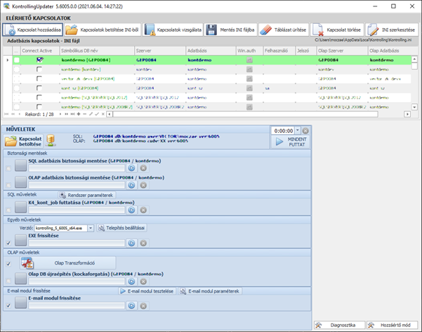 Az Updater fő ablaka a kapcsolati adatok táblázatát és egy kék műveleti panelt tartalmaz.