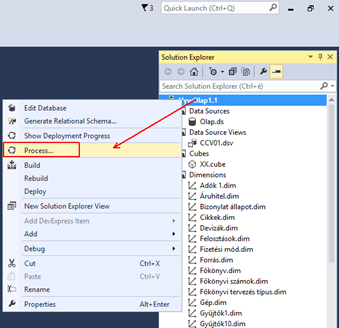 A Visual Studio által betöltött OLAP adatszerkezet (*.dwproj) szerint generálható az OLAP adatbázis a "Process..." menüponttal.